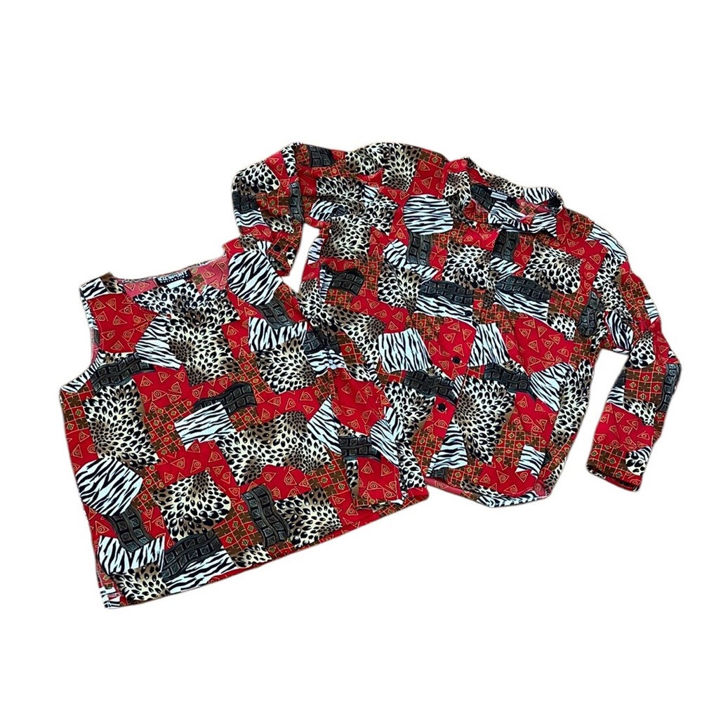 Vtg 80s/90s S.G. Sport Collection Wild Animal Print Button Blouse w/Tank~1X
